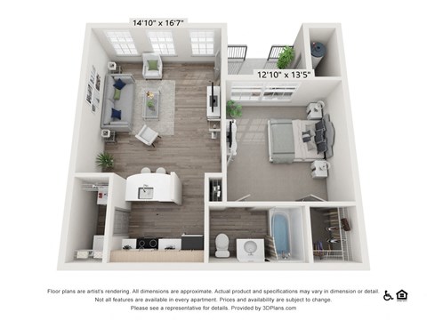 Floor plan for 1 bed, 1 bath, 662 sqft